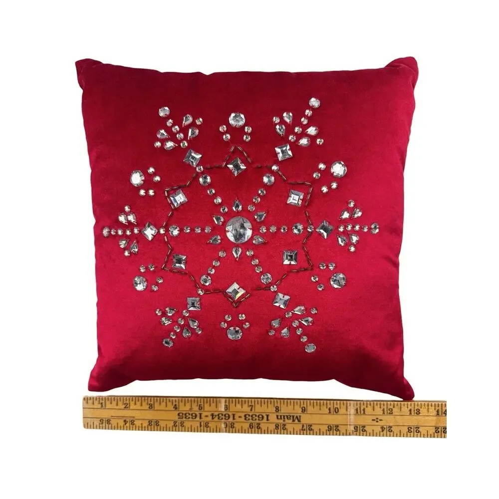 Pier 1 Imports Red Velvet Pillow Crystal Snowflake Christmas Elegant 12X12